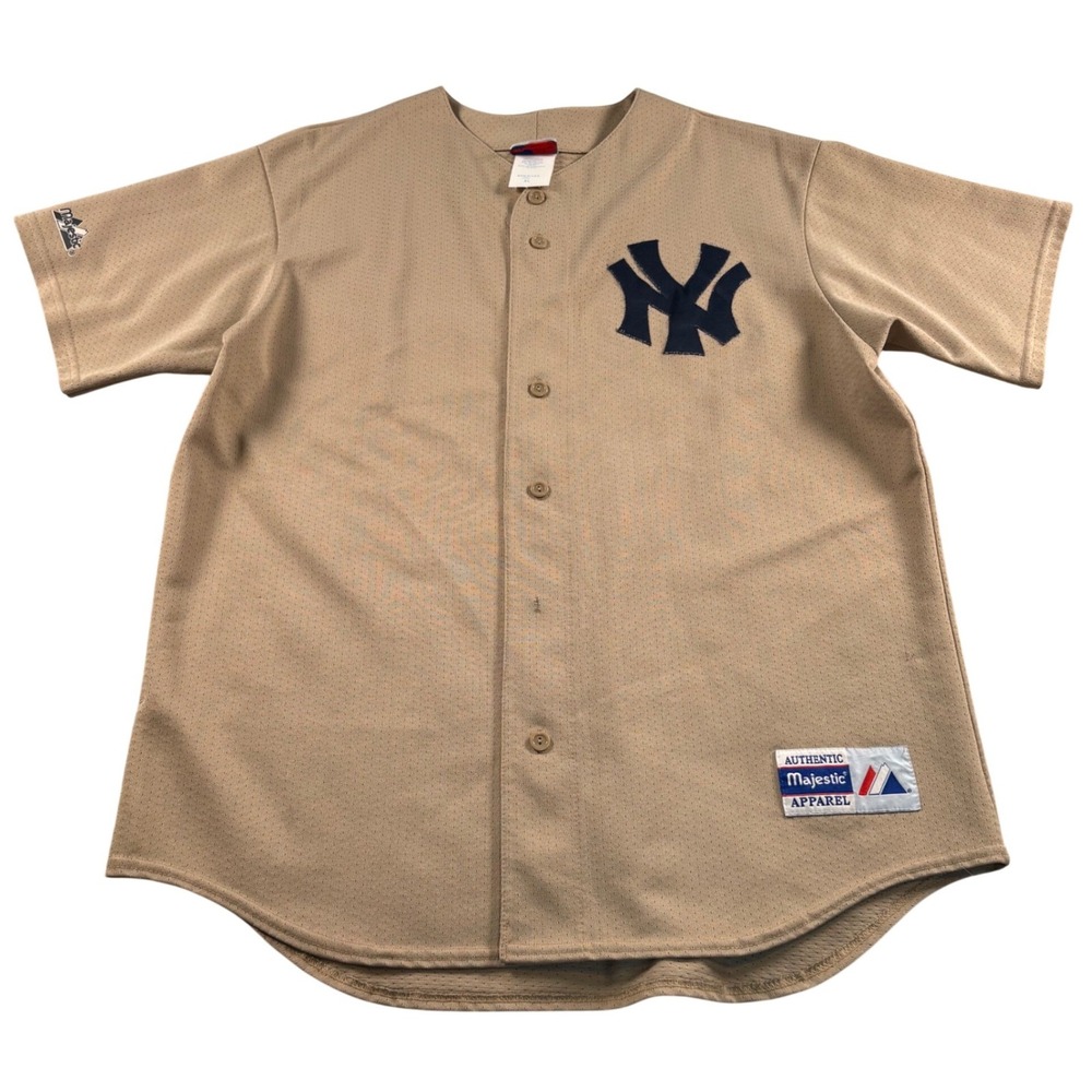 Majestic Baseball Jersey New York Yankees Mens XL Tan Mesh Button Front USA VTG‎